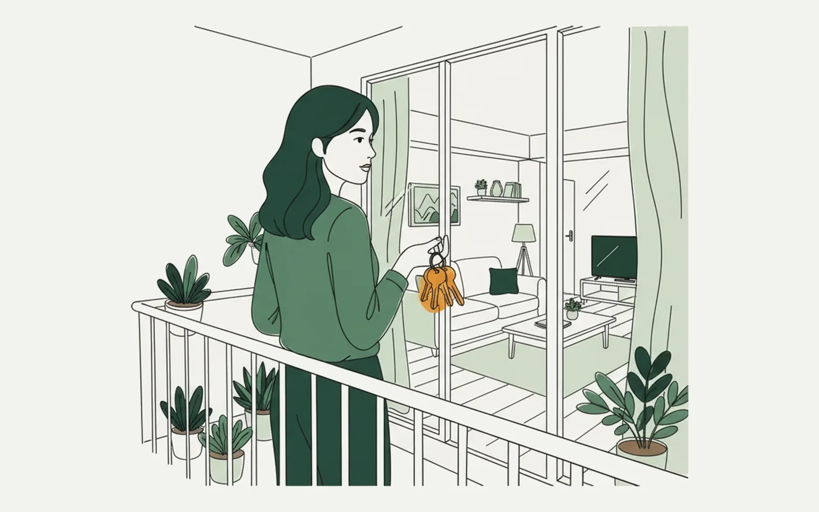插圖：女當事人站在自己單位的露台上，手握一串門匙，回望客廳