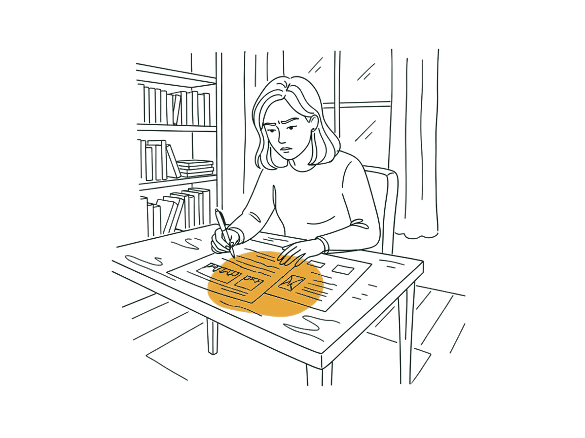 線條插圖：女當事人在家中書桌前查看一份文件，眉頭微皺