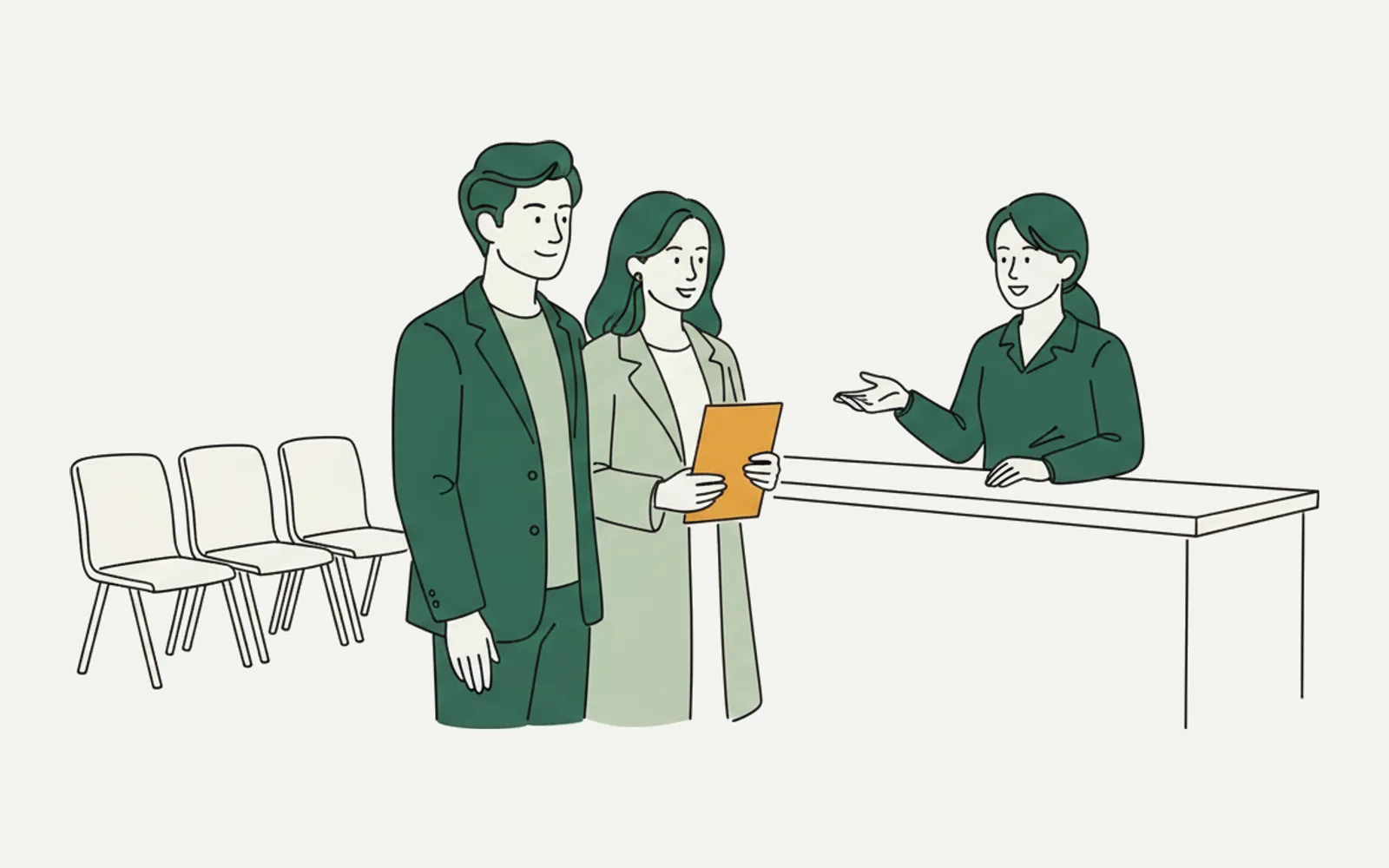 插圖：一對男女在婚姻登記處櫃位前，職員向他們解釋，女子手上拿着結婚證書