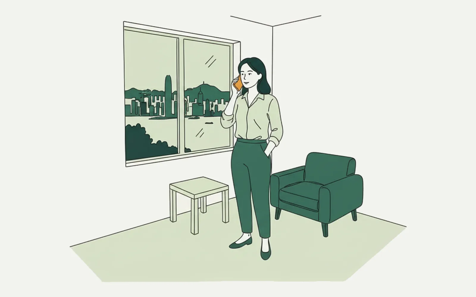 插圖：女當事人在香港家中的窗邊拿着手機通話，窗外是海港