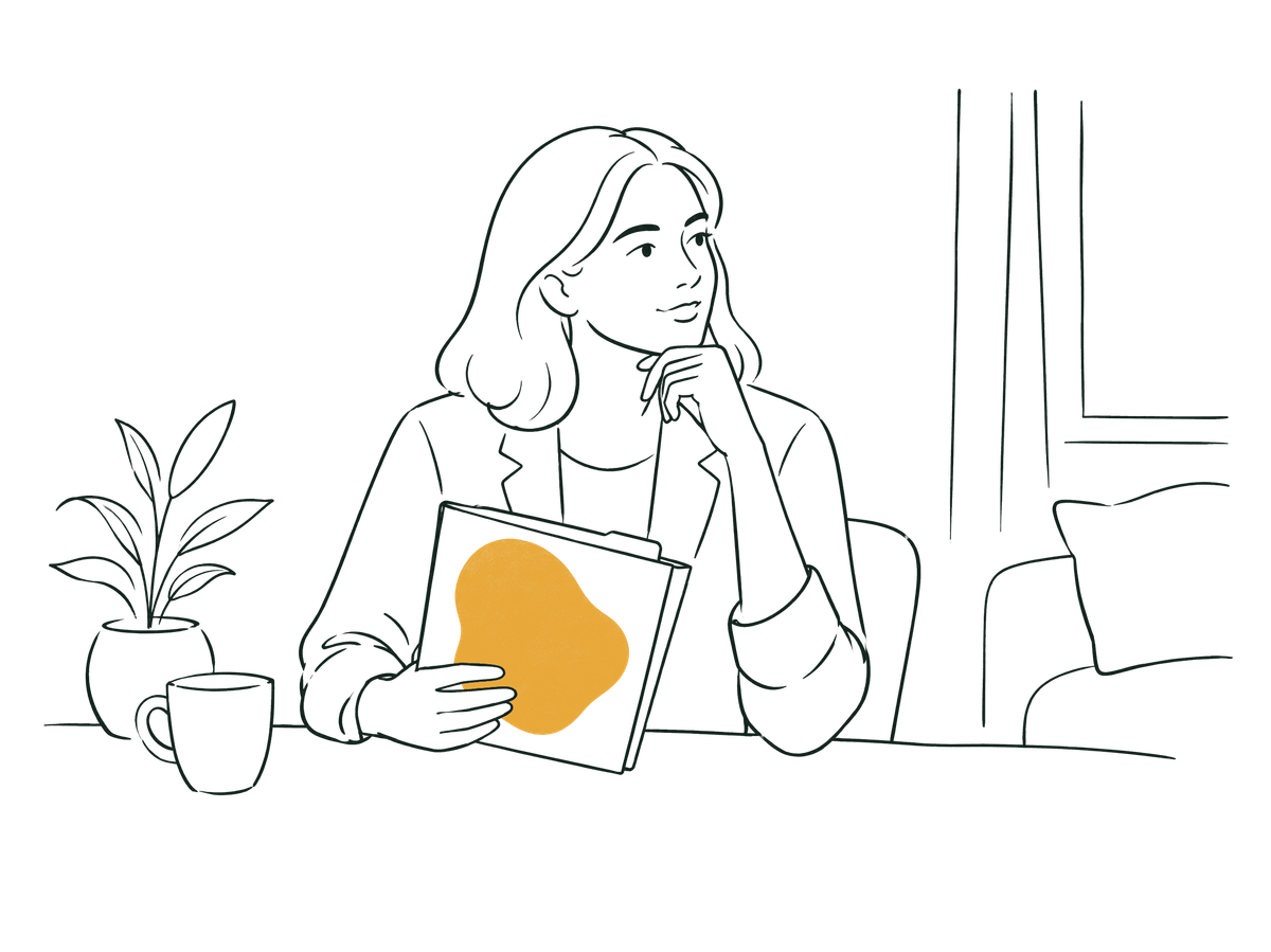 線條插圖：女當事人在家中書桌前，手持文件夾若有所思