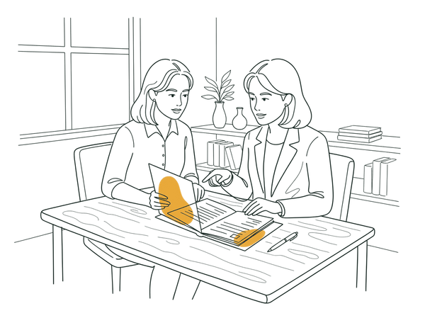 線條插圖：專責顧問向女當事人講解申請文件