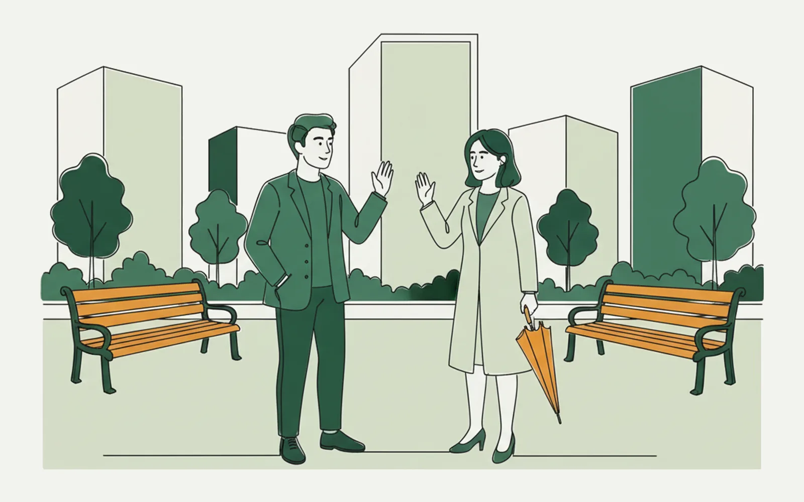 插圖：一男一女在屋苑平台上平和地道別，各自走向不同方向，女子手上拿着雨傘