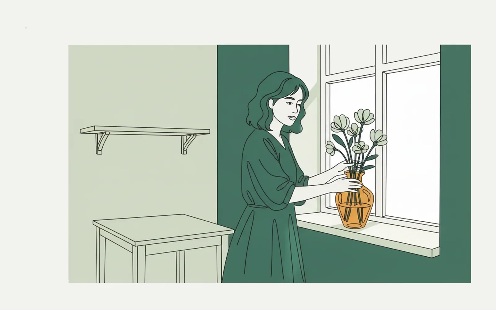 插圖：女當事人在新居把一束花插進花瓶，神情輕鬆