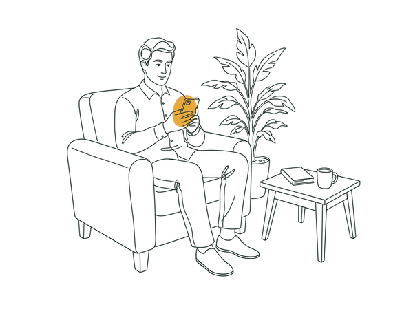 線條插圖：男當事人在家中查看手機，神情放鬆