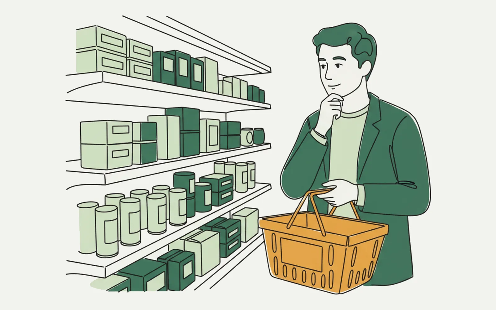 插圖：男當事人在超市貨架前，手上拿着購物籃，細心計算