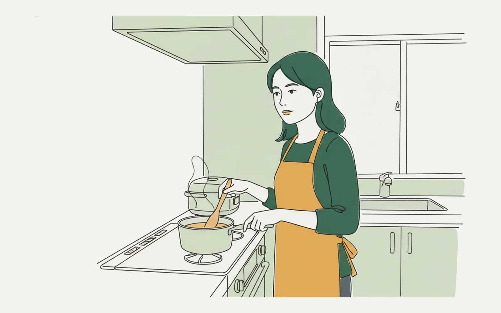 插圖：女當事人在家中廚房準備晚飯，身上繫着圍裙