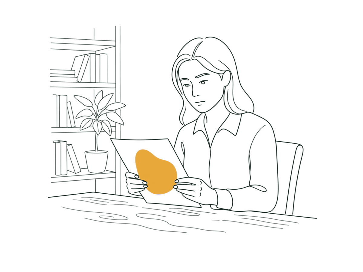 線條插圖：女當事人在家中書桌前，一邊使用電話，一邊整理文件，桌上的文件封面空白