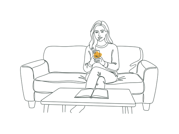 線條插圖：女當事人坐在家中窗邊的椅子上，手拿着電話，望向窗外，身旁小桌上放着一本合上的筆記本，封面空白