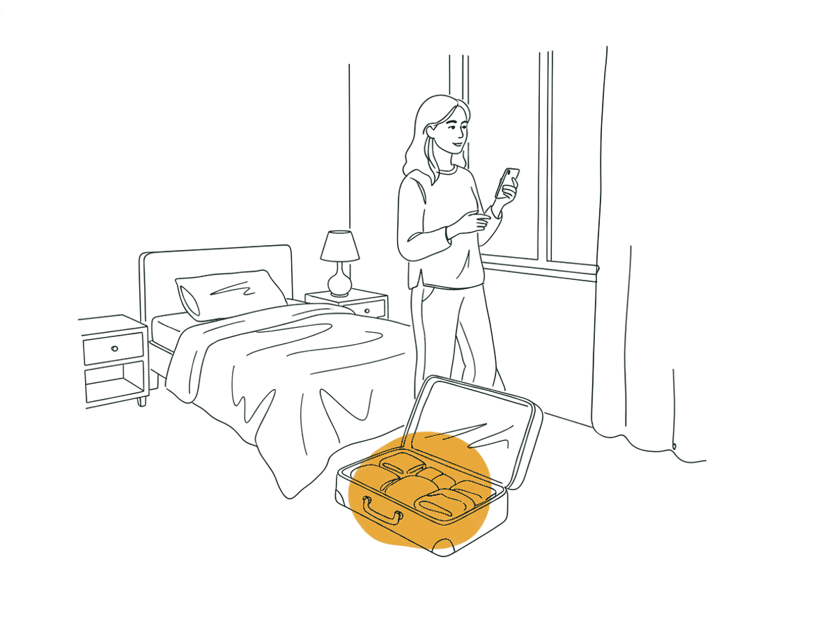 線條插圖：女當事人站在睡房窗邊，身後放着一個半收拾好的行李箱，手上拿着電話，望向窗外