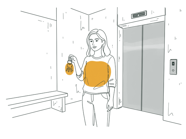 線條插圖：女當事人在電梯大堂等候，手持鑰匙
