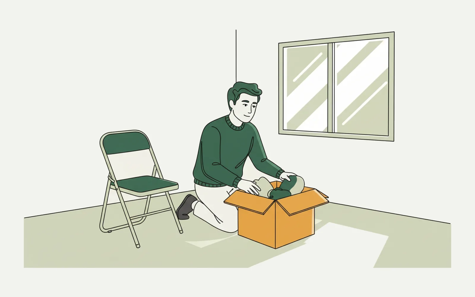 插圖：男當事人在剛租的單位裏拆開紙箱，單位仍然空蕩，窗外有光，神情平靜