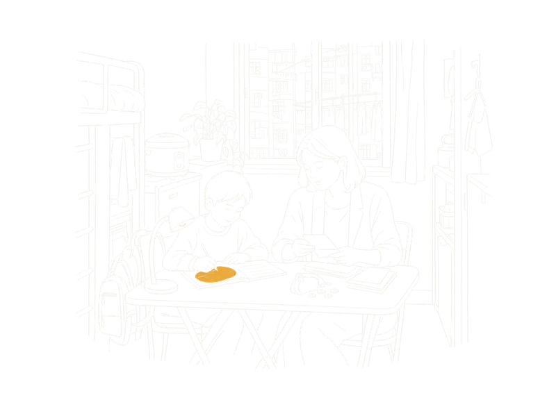 母親與孩子在摺枱前，孩子在燈下做功課，母親核對帳單