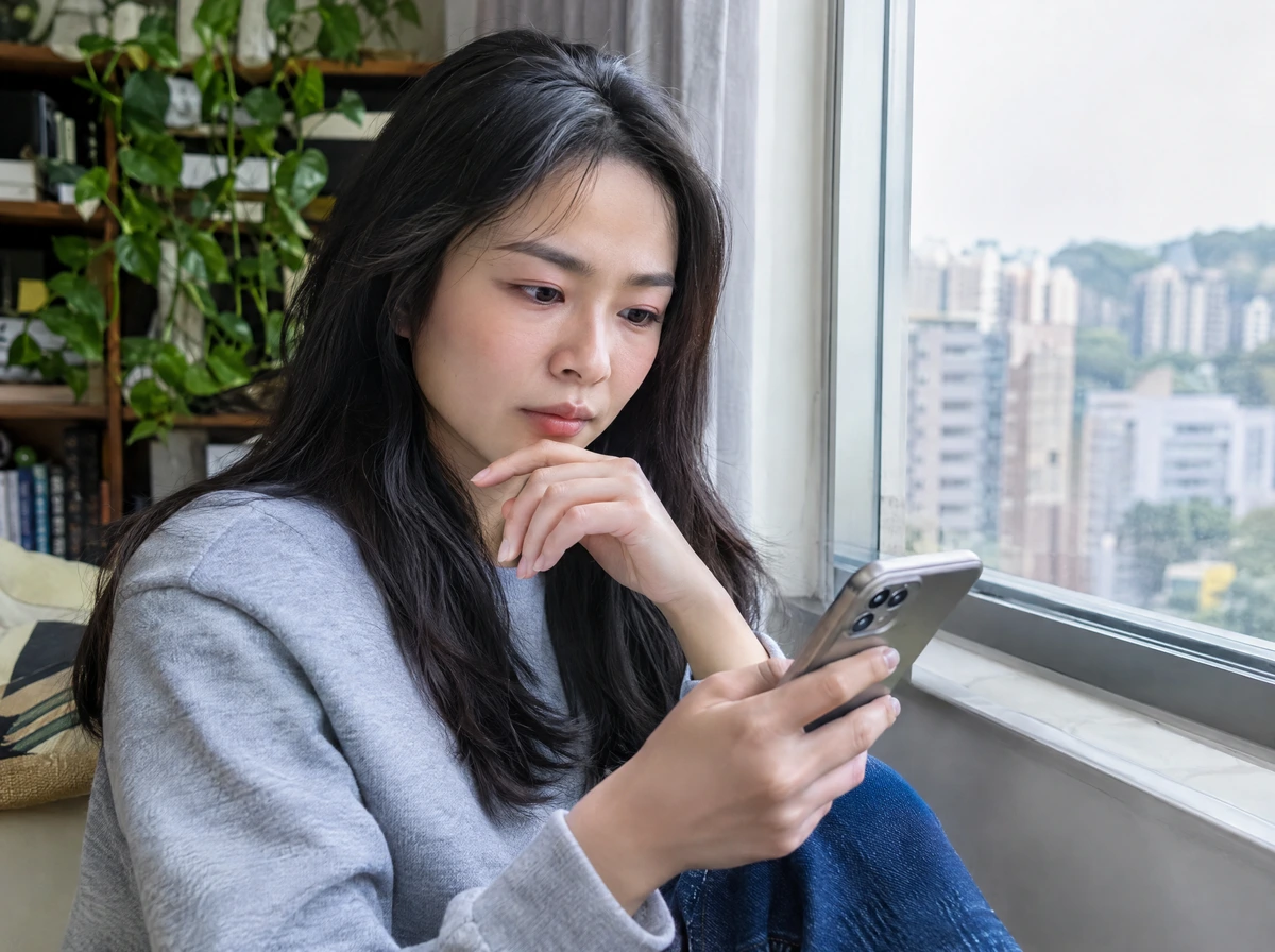 女士在家中窗邊看手機