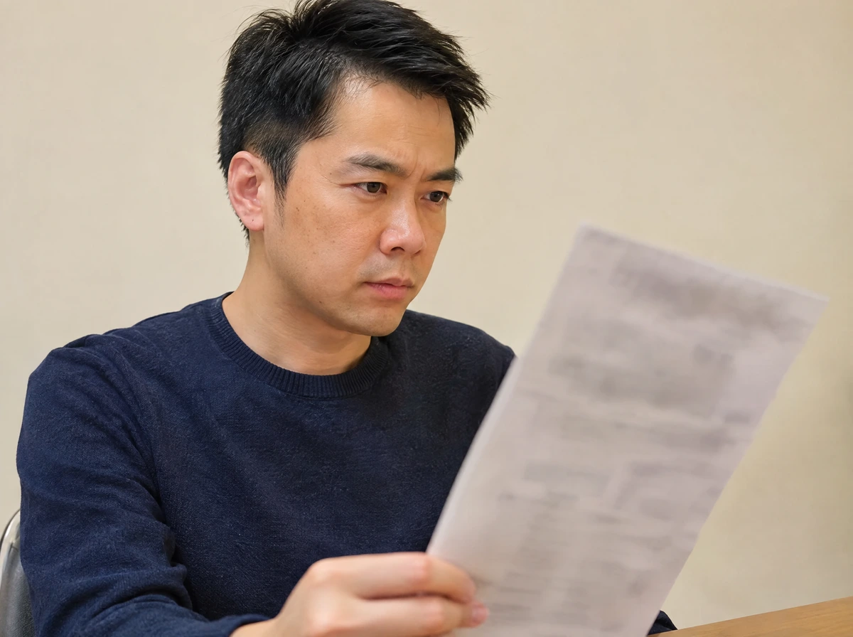 男士拿著內地房產證影印本，神情認真