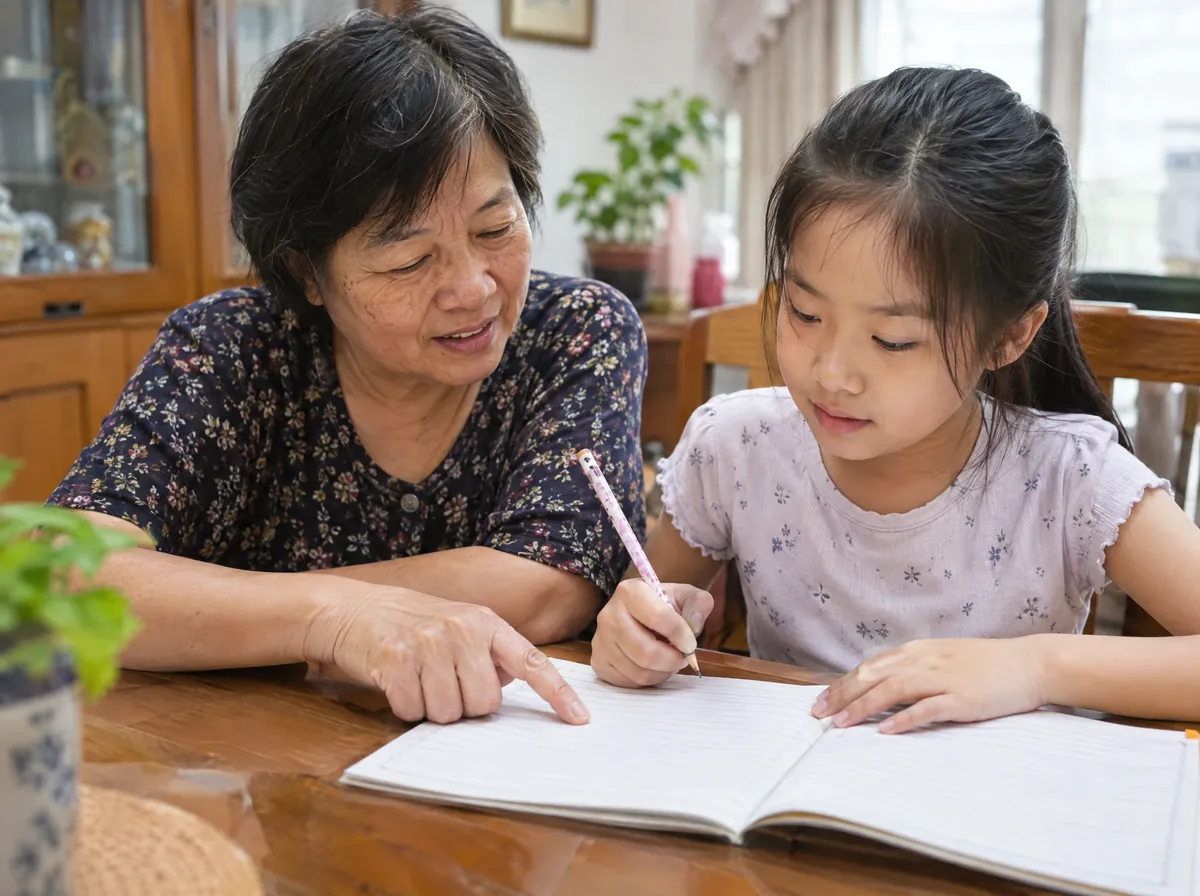 祖母陪孫女做功課，兩人面孔可見