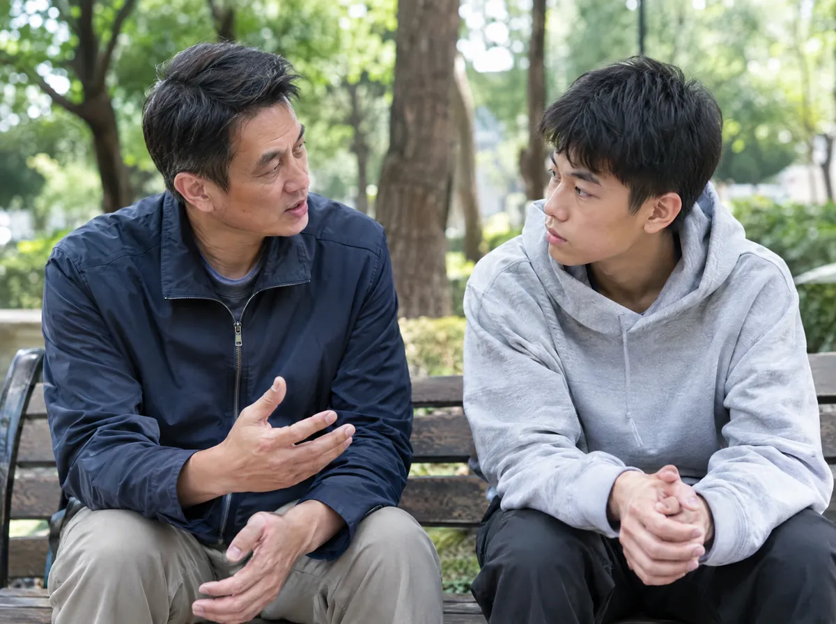 十四歲少年與爸爸在公園長椅談話