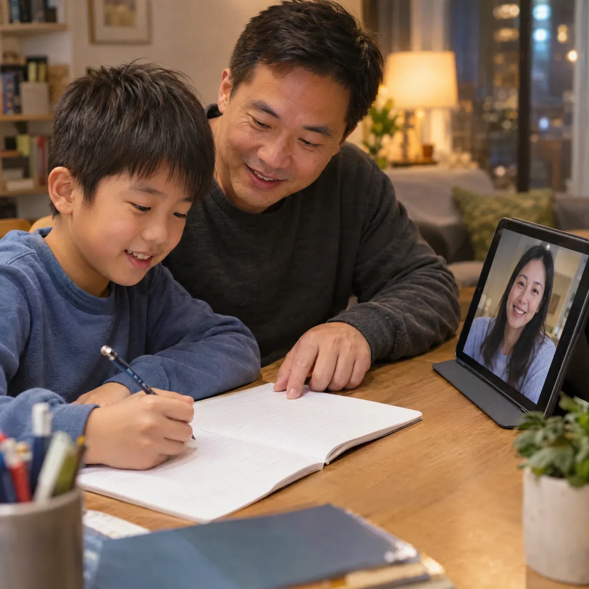孩子與爸爸在家做功課，媽媽在視像通話中