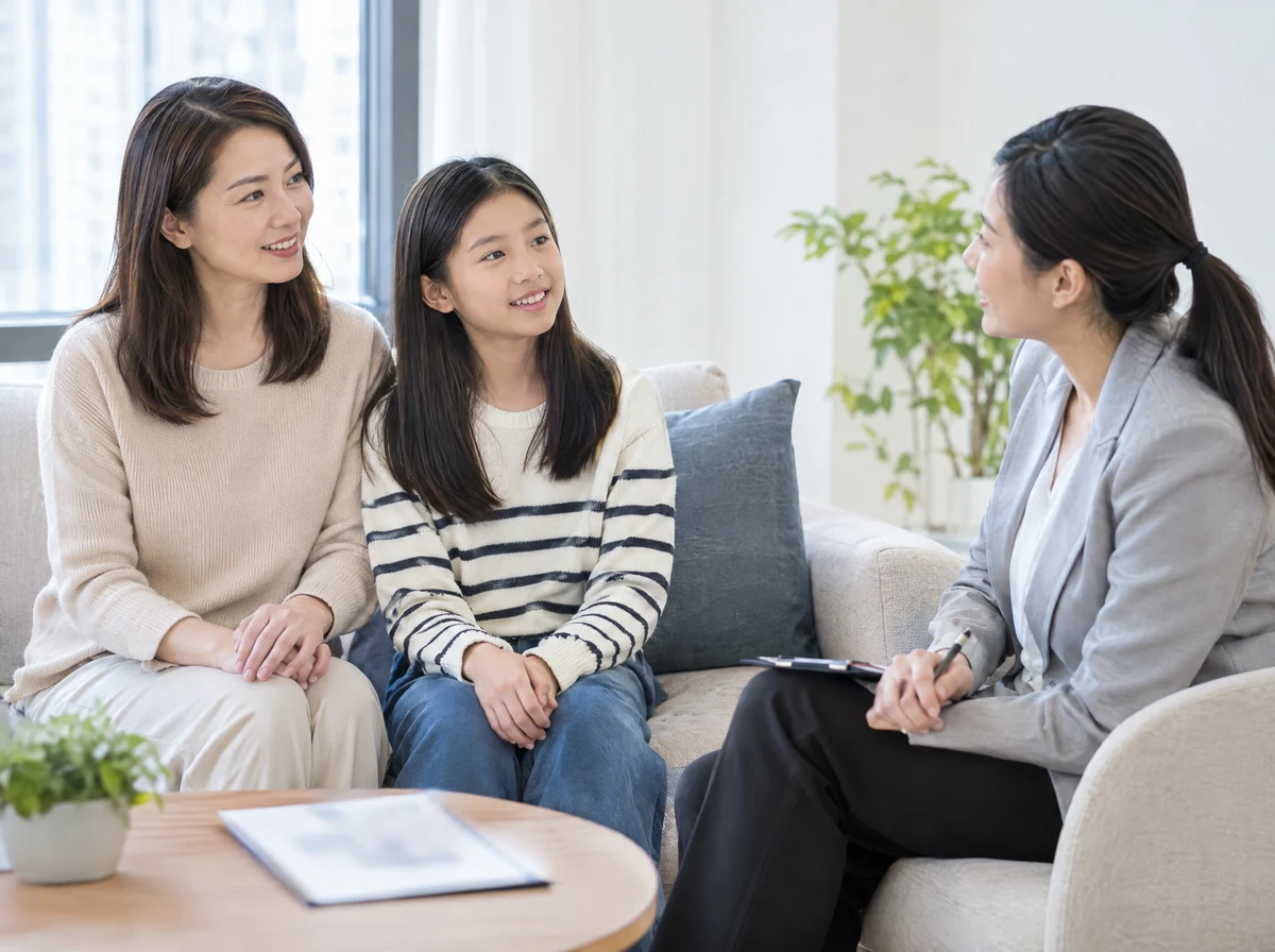 媽媽與女兒在客廳與專責顧問傾談