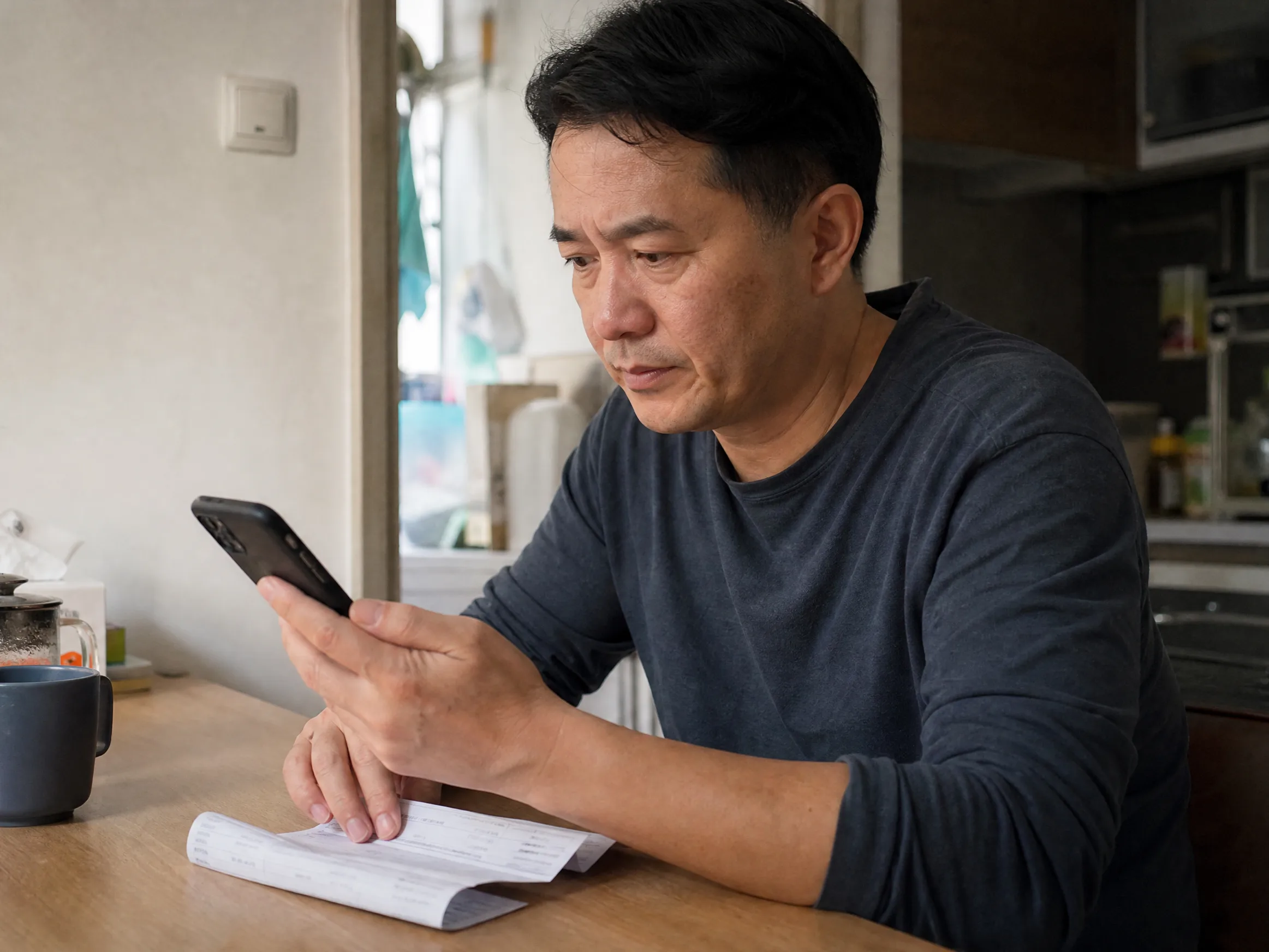 一名男士在家中填寫財務狀況表格，桌上放有計算機及銀行月結單