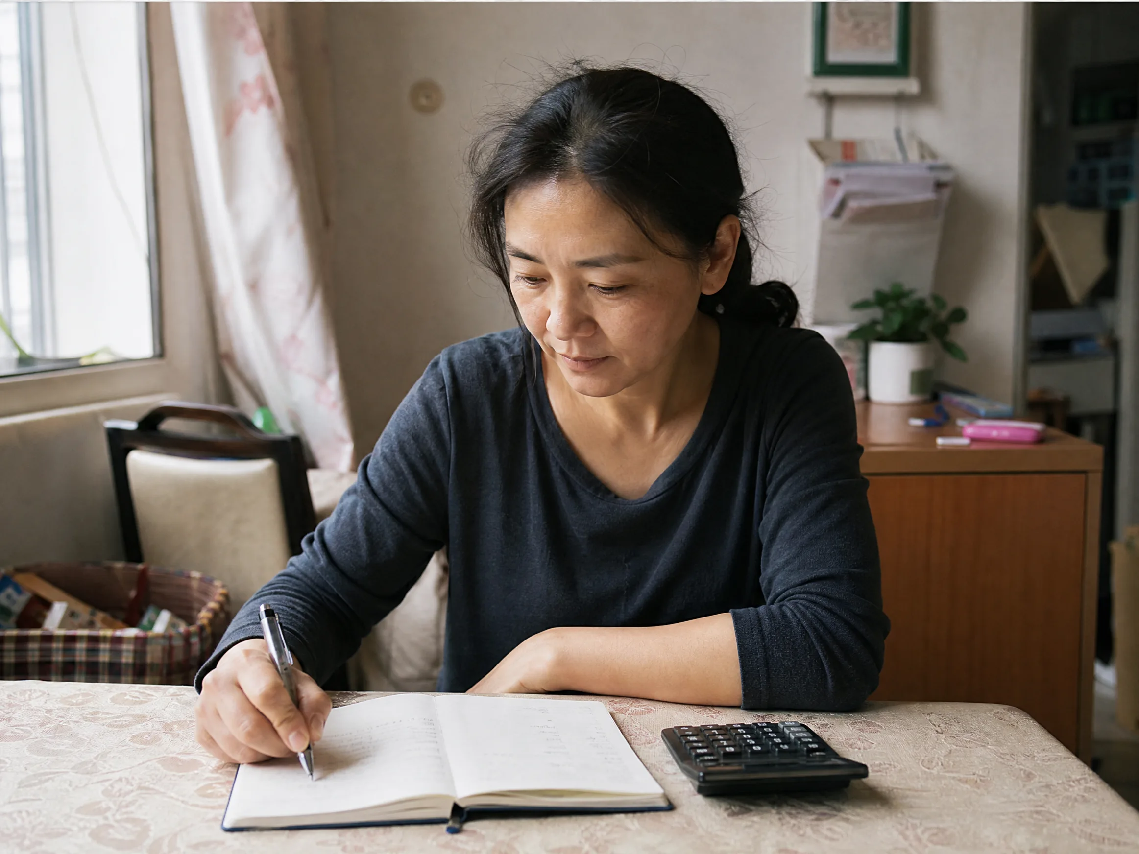 一名四十多歲女士在家中餐桌前查看家庭開支記事本
