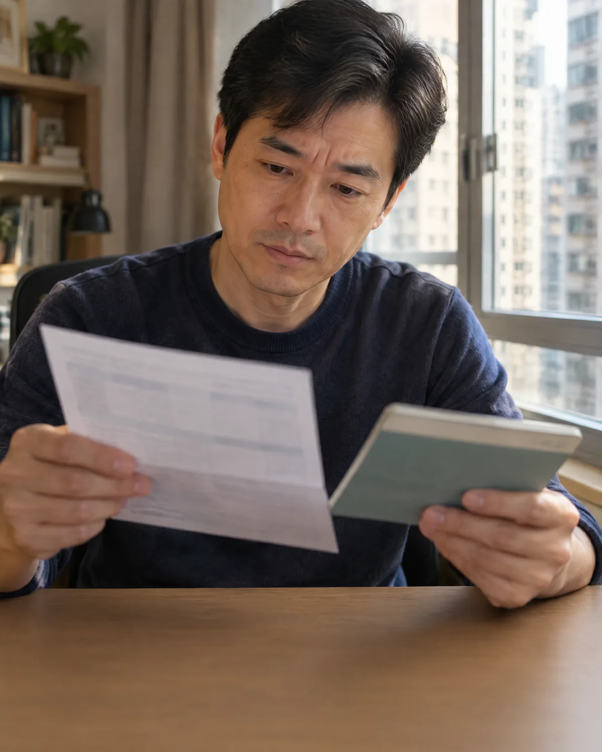一名中年男士坐在家中窗前，手持收入文件及存摺細閱