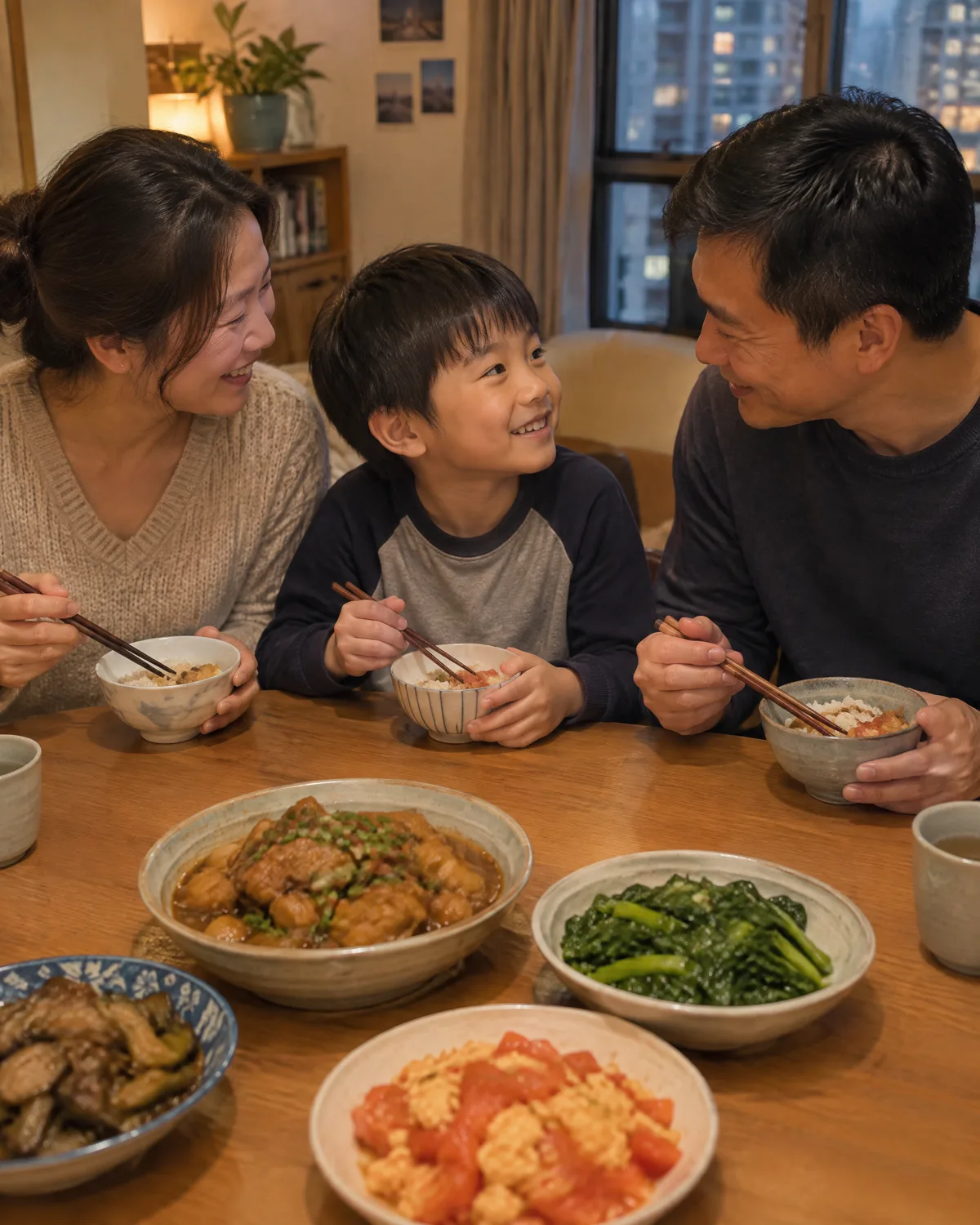 一家三口圍坐餐桌共進晚餐，桌上擺滿家常菜