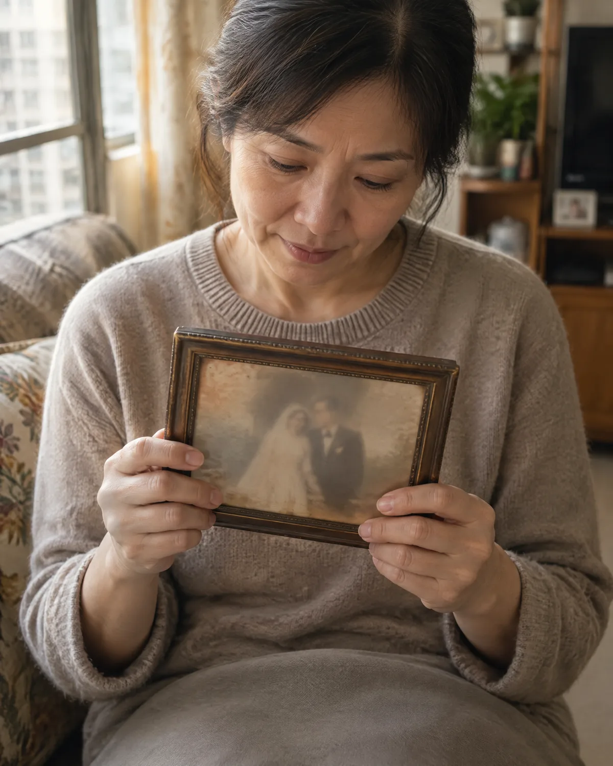 一名中年女士坐在家中，雙手捧着一幀舊結婚照