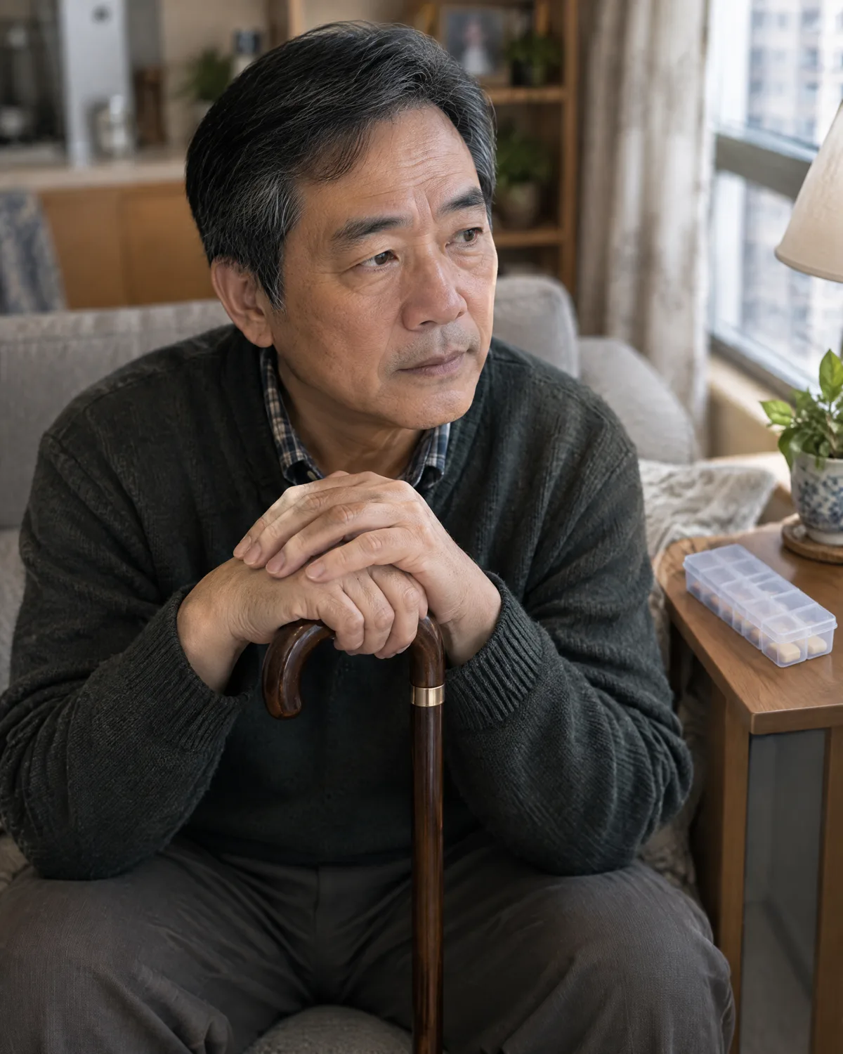 一名年長男士坐在客廳，雙手扶着手杖