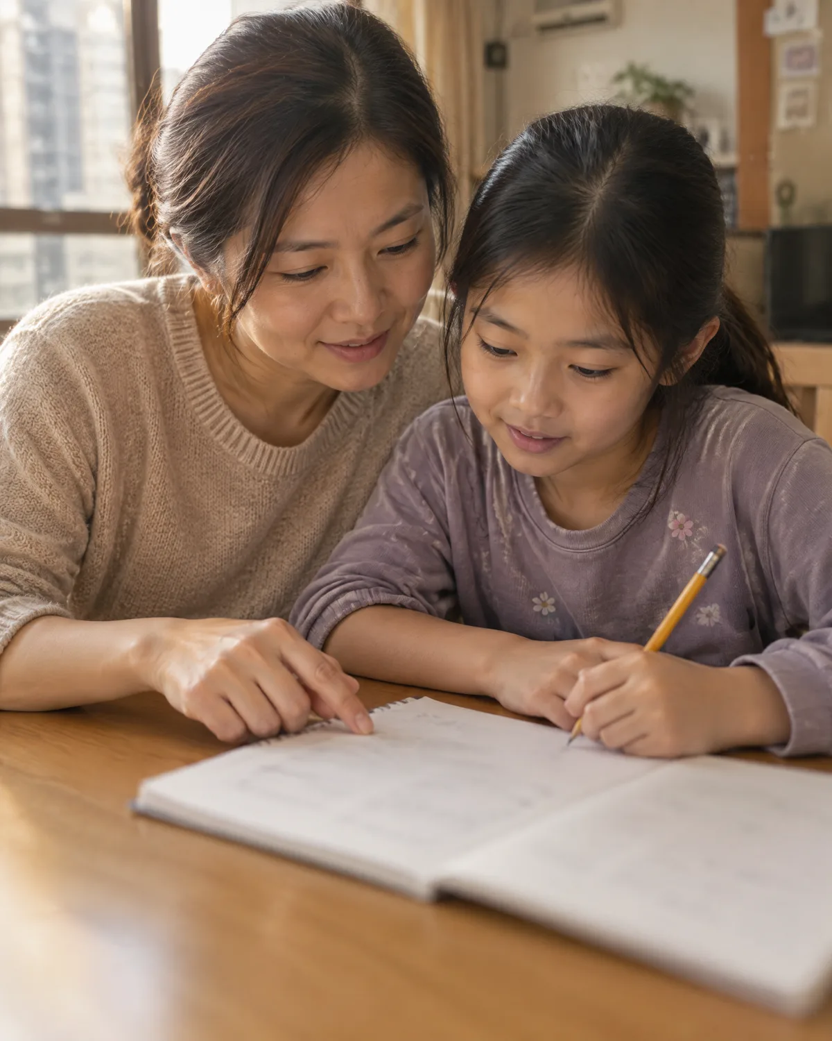 一名母親在餐桌旁陪伴女兒做功課