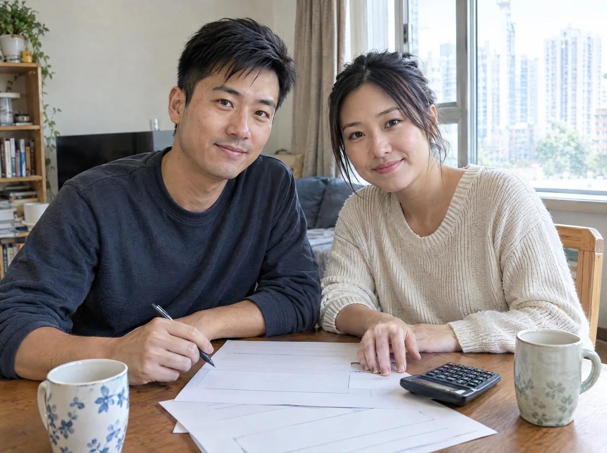 一對新人在飯桌前細看按揭文件