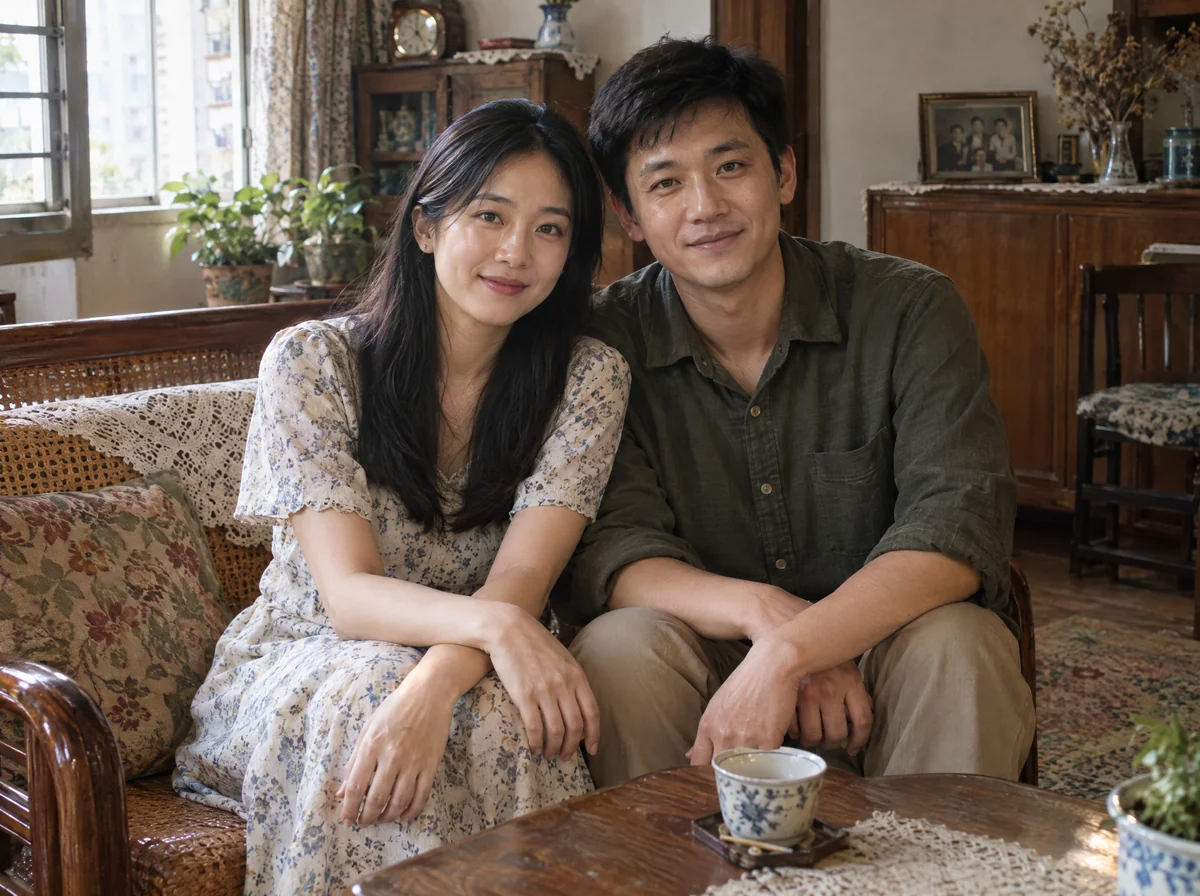 準新娘與未婚夫坐在家中舊藤沙發上，背後有一幀全家福