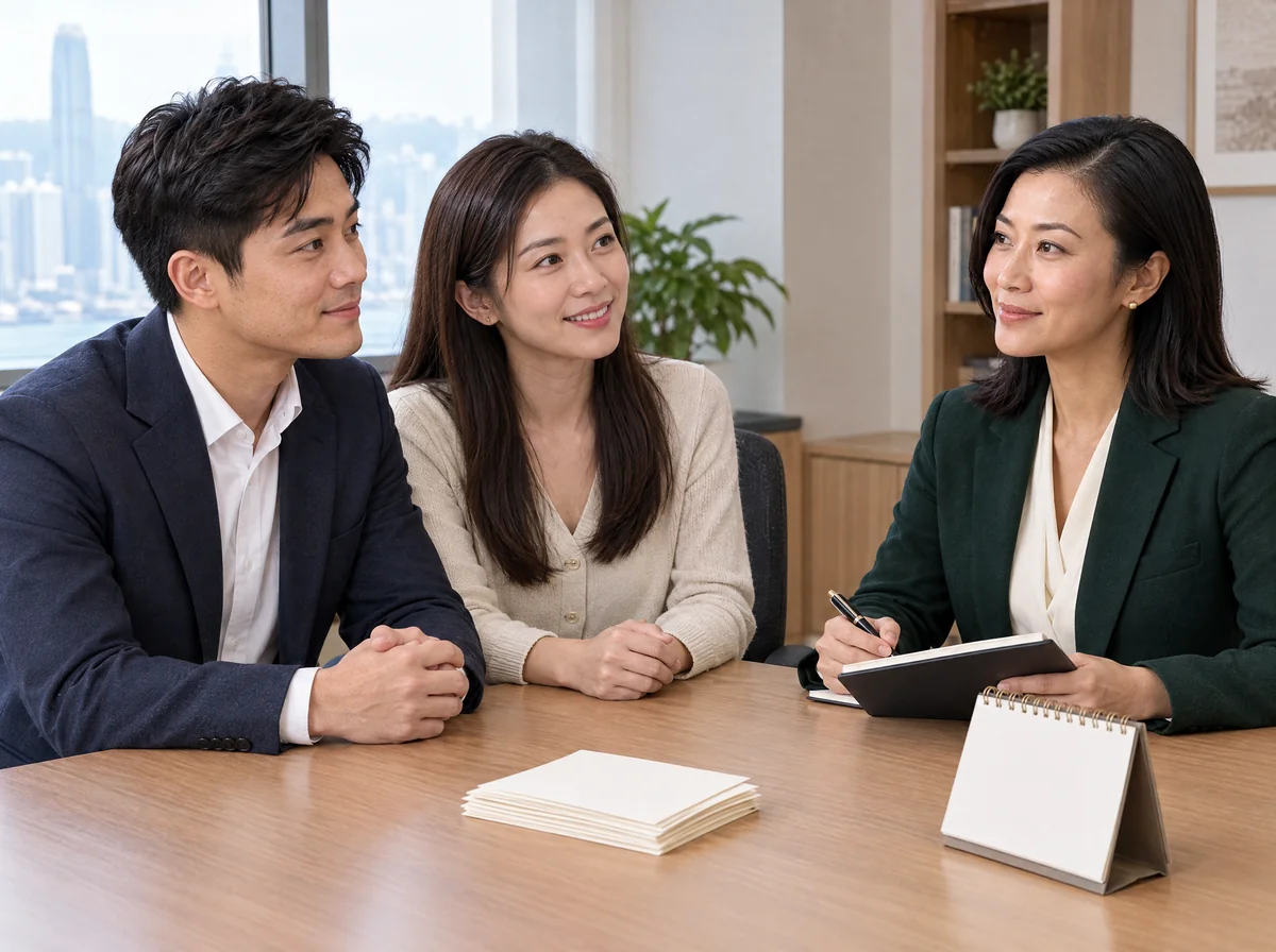 一對準新人與專責顧問坐在桌前，桌上有喜帖和檯曆