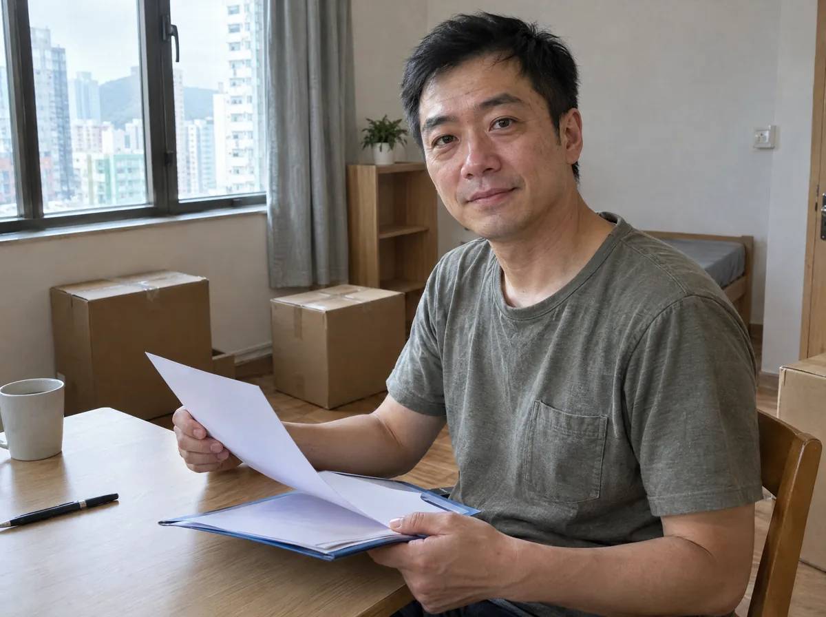 男子坐在剛租的空蕩單位裏，手持文件夾與紙張望向鏡頭，旁邊放着紙箱