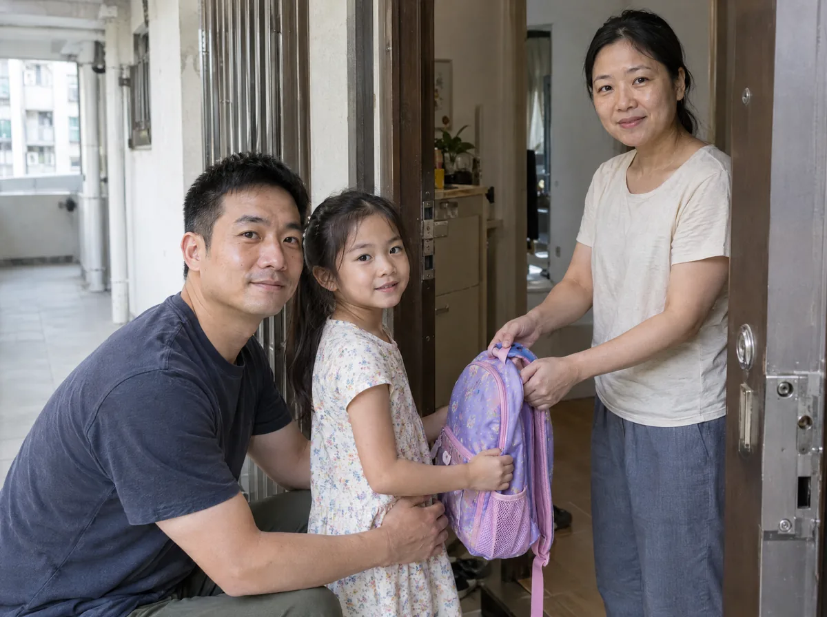 父親蹲在家門口摟着女兒，母親站在門內把書包遞給女兒，三人面向鏡頭