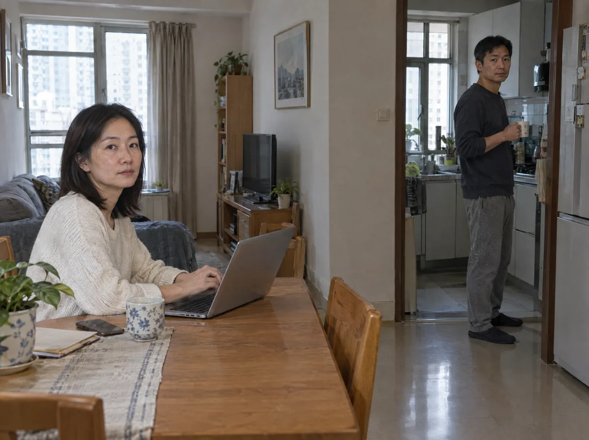 女子坐在飯桌前使用手提電腦，男子手持杯站在廚房門口，兩人相隔一段距離同處一室