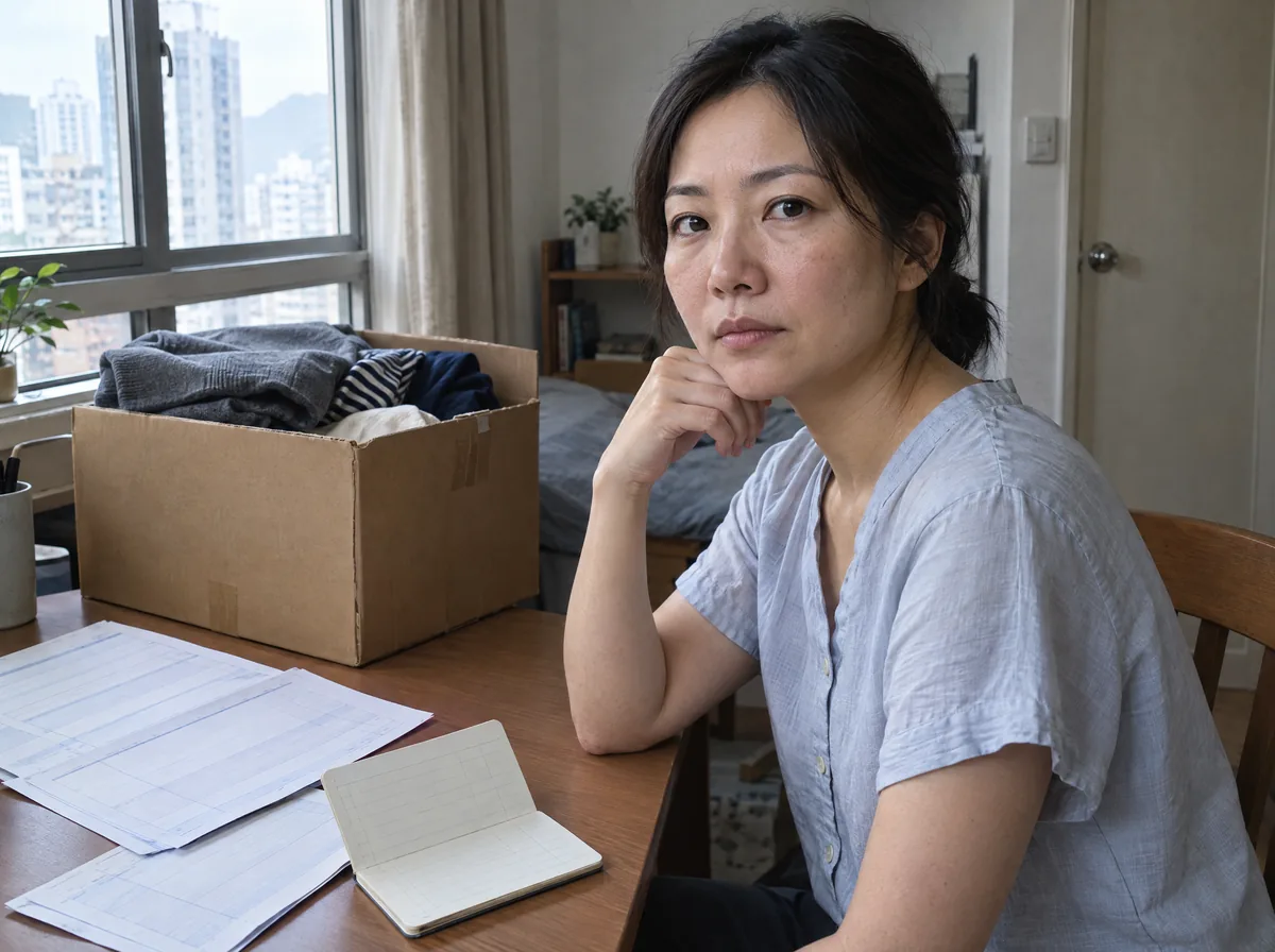 女子托着下巴坐在桌前，桌上放着銀行文件和存摺，旁邊是一箱收拾了一半的衣物