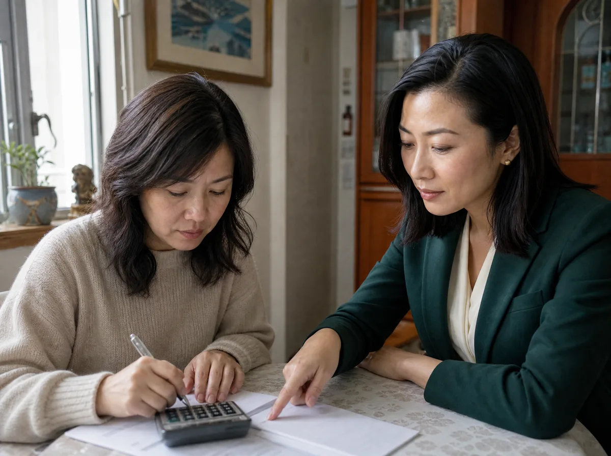 專責顧問在一名女士家中，陪她逐項計算並核對文件